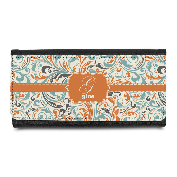 Custom Orange & Blue Leafy Swirls Leatherette Ladies Wallet (Personalized)