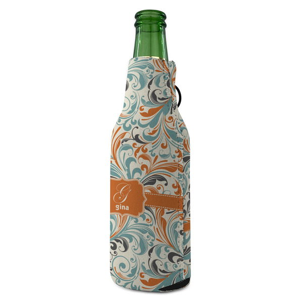 Orange & Blue Leafy Swirls Zipper Bottle Cooler - ANGLE (bottle)