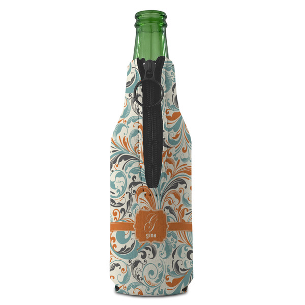 Orange & Blue Leafy Swirls Zipper Bottle Cooler - BACK (bottle)