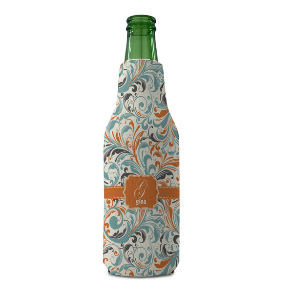Orange & Blue Leafy Swirls Zipper Bottle Cooler - FRONT (bottle)