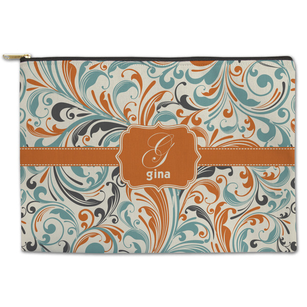 Custom Orange & Blue Leafy Swirls Zipper Pouch - Large - 12.5"x8.5" (Personalized)