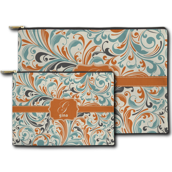 Orange & Blue Leafy Swirls Zippered Pouches - Size Comparison