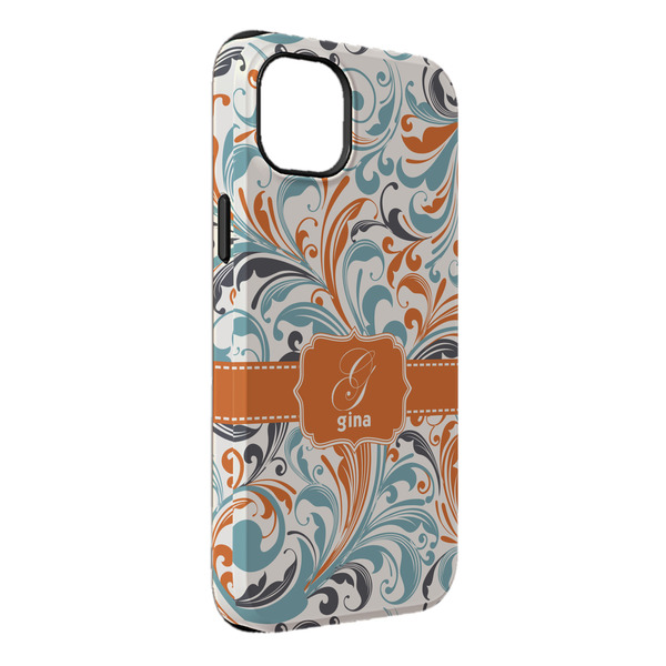 Custom Orange & Blue Leafy Swirls iPhone Case - Rubber Lined - iPhone 14 Plus (Personalized)