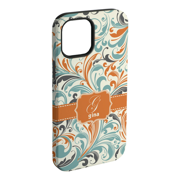 Custom Orange & Blue Leafy Swirls iPhone Case - Rubber Lined - iPhone 15 Plus (Personalized)