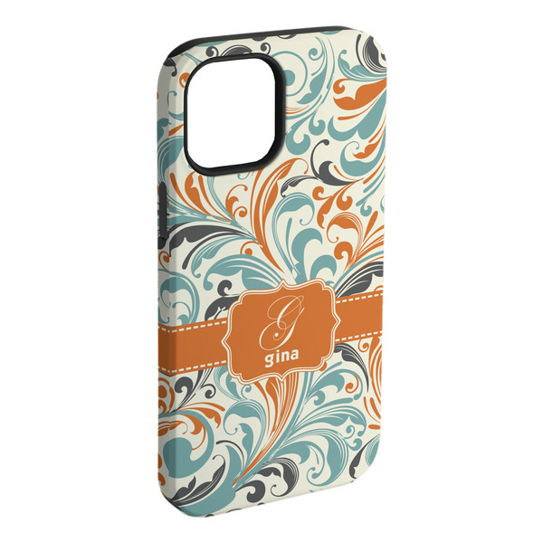 Custom Orange & Blue Leafy Swirls iPhone Case - Rubber Lined (Personalized)