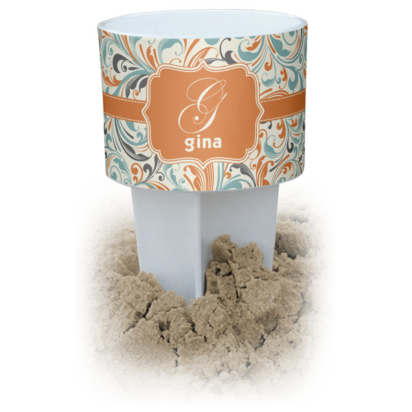 Custom Orange & Blue Leafy Swirls Beach Spiker Drink Holder (Personalized)