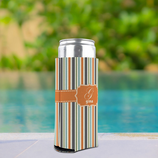 Orange & Blue Stripes Can Cooler - Tall 12oz - In Context