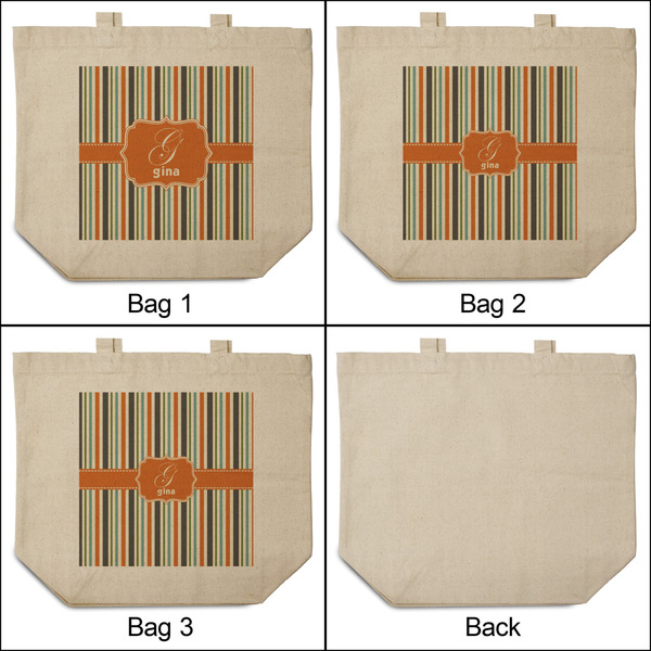 Orange & Blue Stripes 3 Reusable Cotton Grocery Bags - Front & Back View