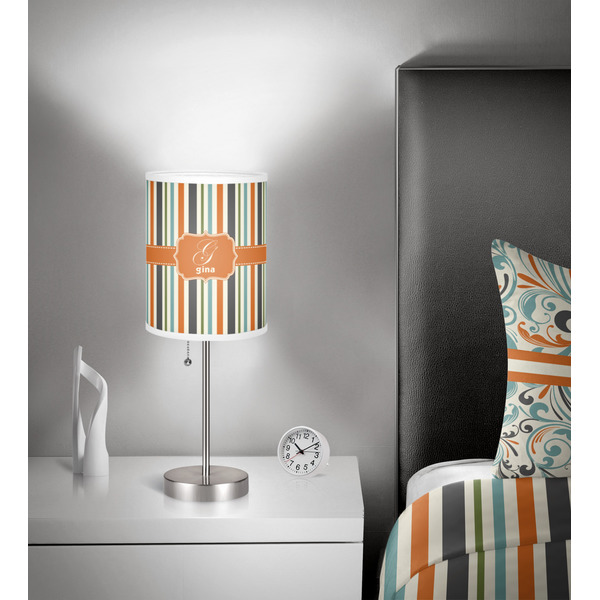 Orange & Blue Stripes 7 inch drum lamp shade - in room