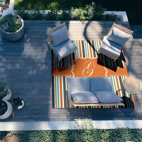 Orange & Blue Stripes 8'x10' Patio Rug - In context