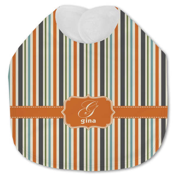 Custom Orange & Blue Stripes Jersey Knit Baby Bib w/ Name and Initial