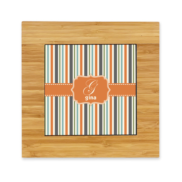 Custom Orange & Blue Stripes Bamboo Trivet with Ceramic Tile Insert (Personalized)