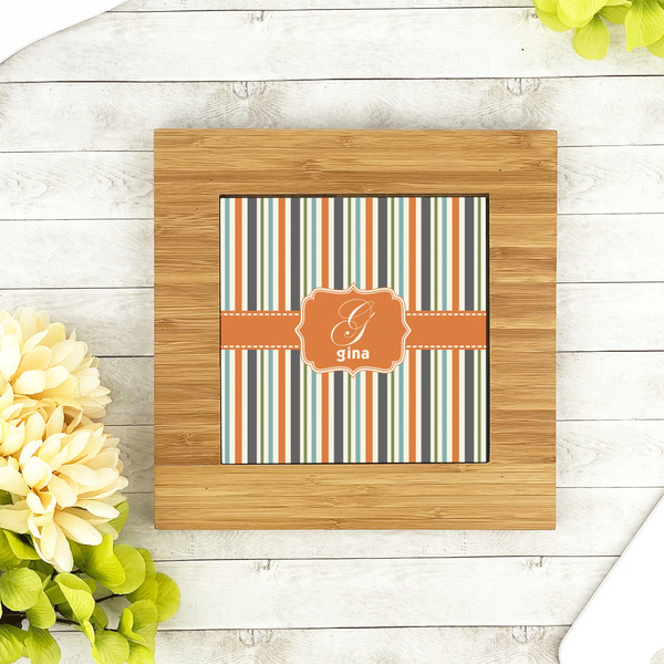 Orange & Blue Stripes Bamboo Trivet with 6" Tile - LIFESTYLE