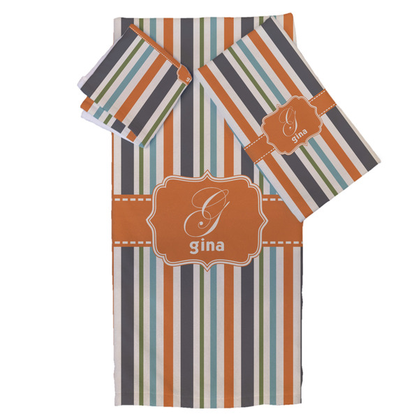 Custom Orange & Blue Stripes Bath Towel Set - 3 Pcs (Personalized)