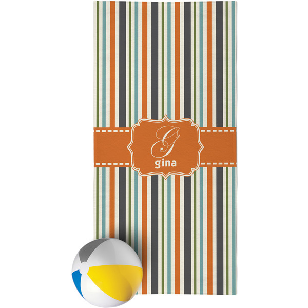 Custom Orange & Blue Stripes Beach Towel (Personalized)