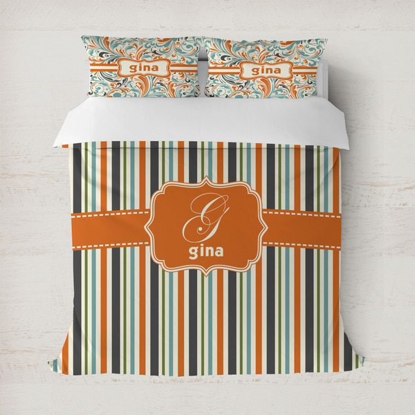 Custom Orange & Blue Stripes Duvet Cover Set - Full / Queen (Personalized)