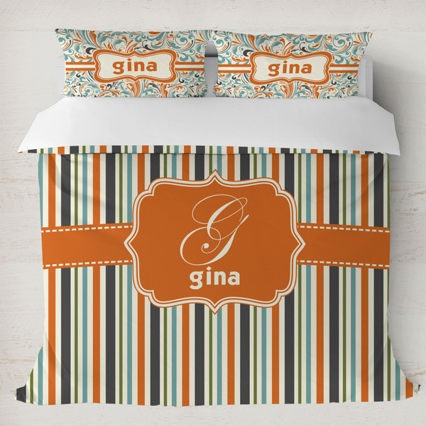 Custom Orange & Blue Stripes Duvet Cover Set - King (Personalized)