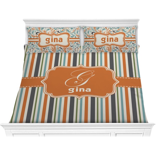 Custom Orange & Blue Stripes Comforter Set - King (Personalized)