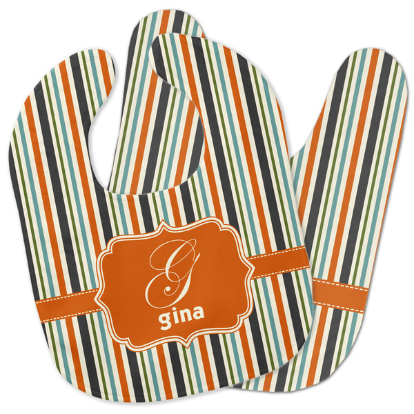 Custom Orange & Blue Stripes Baby Bib w/ Name and Initial