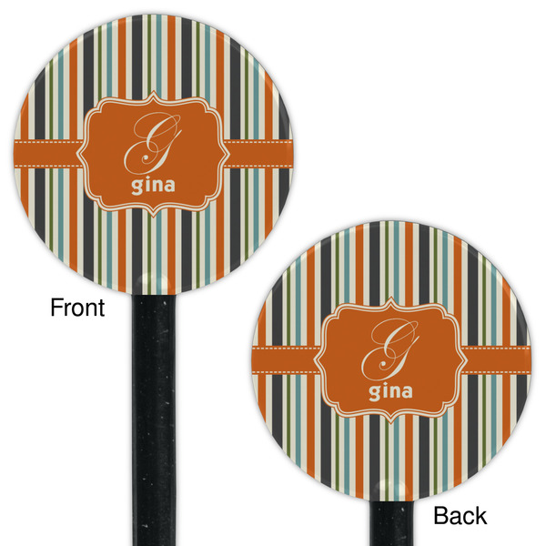 Orange & Blue Stripes Black Plastic 5.5" Stir Stick - Double Sided - Round - Front & Back