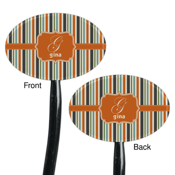 Orange & Blue Stripes Black Plastic 7" Stir Stick - Double Sided - Oval - Front & Back