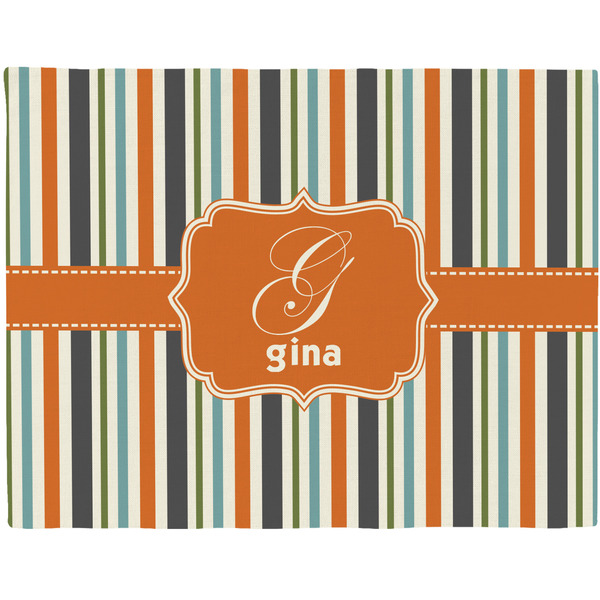 Custom Orange & Blue Stripes Woven Fabric Placemat - Twill w/ Name and Initial