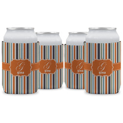 Orange & Blue Stripes Can Cooler (12 oz) - Set of 4 w/ Name and Initial