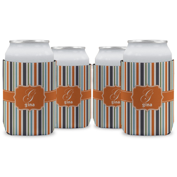 Custom Orange & Blue Stripes Can Cooler (12 oz) - Set of 4 w/ Name and Initial