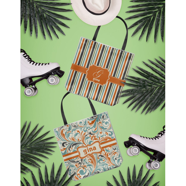 Orange & Blue Stripes Canvas Tote Lifestyle Front and Back- 13x13