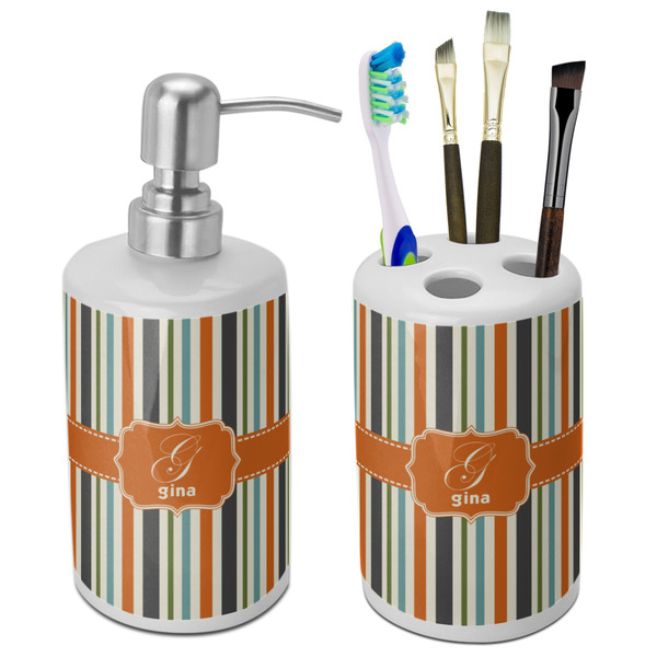 Custom Orange & Blue Stripes Ceramic Bathroom Accessories Set (Personalized)