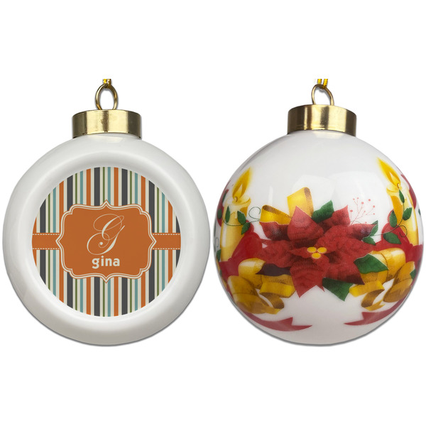 Orange & Blue Stripes Ceramic Christmas Ornament - Poinsettias (APPROVAL)