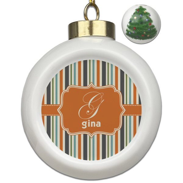 Custom Orange & Blue Stripes Ceramic Ball Ornament - Christmas Tree (Personalized)
