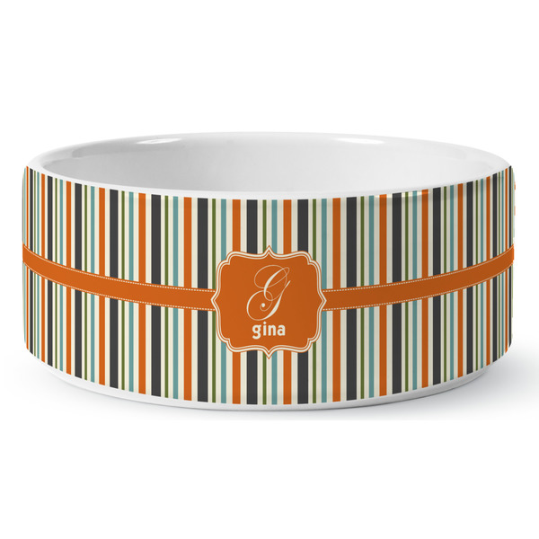 Orange & Blue Stripes Ceramic Dog Bowl - Medium - Front