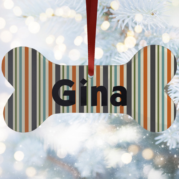 Custom Orange & Blue Stripes Ceramic Dog Ornament w/ Name and Initial