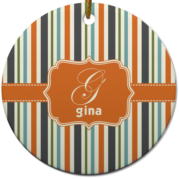 Custom Orange & Blue Stripes Round Ceramic Ornament w/ Name and Initial
