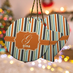 Orange & Blue Stripes Ceramic Ornament w/ Name and Initial