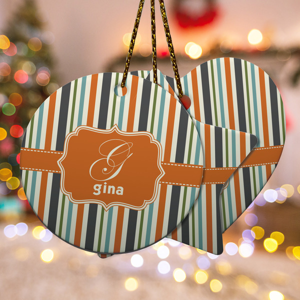 Custom Orange & Blue Stripes Ceramic Ornament w/ Name and Initial