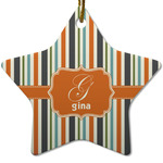 Orange & Blue Stripes Star Ceramic Ornament w/ Name and Initial