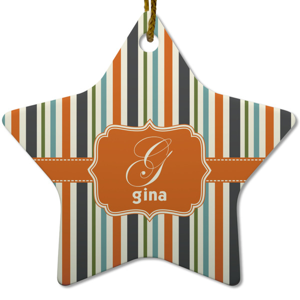 Custom Orange & Blue Stripes Star Ceramic Ornament w/ Name and Initial