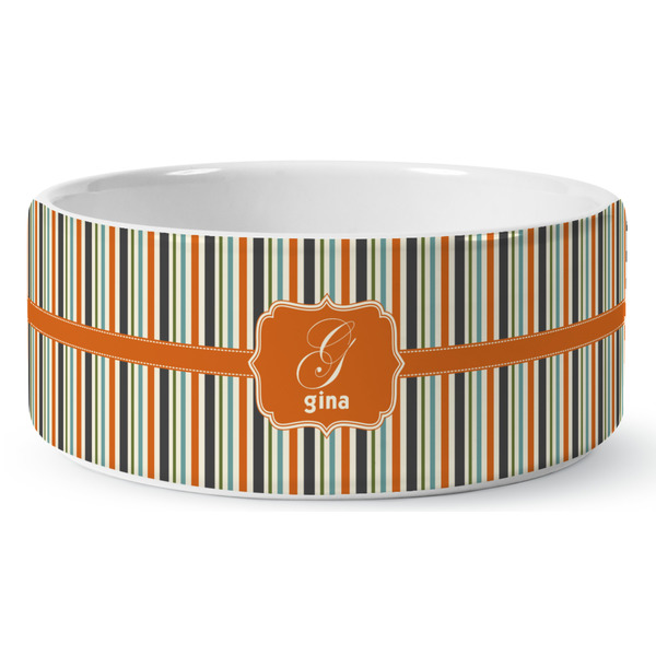 Custom Orange & Blue Stripes Ceramic Dog Bowl - Large (Personalized)