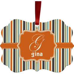 Orange & Blue Stripes Metal Frame Ornament - Double Sided w/ Name and Initial