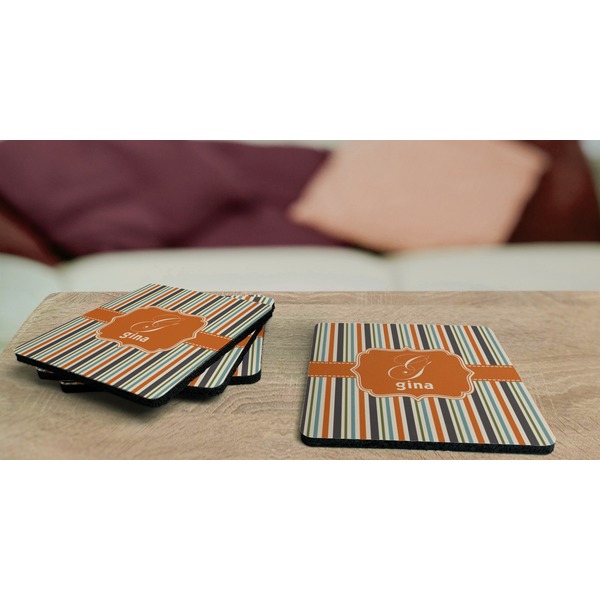 Orange & Blue Stripes Coaster Rubber Back - On Coffee Table