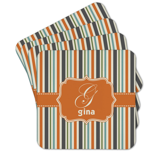 Custom Orange & Blue Stripes Cork Coaster - Set of 4 w/ Name and Initial
