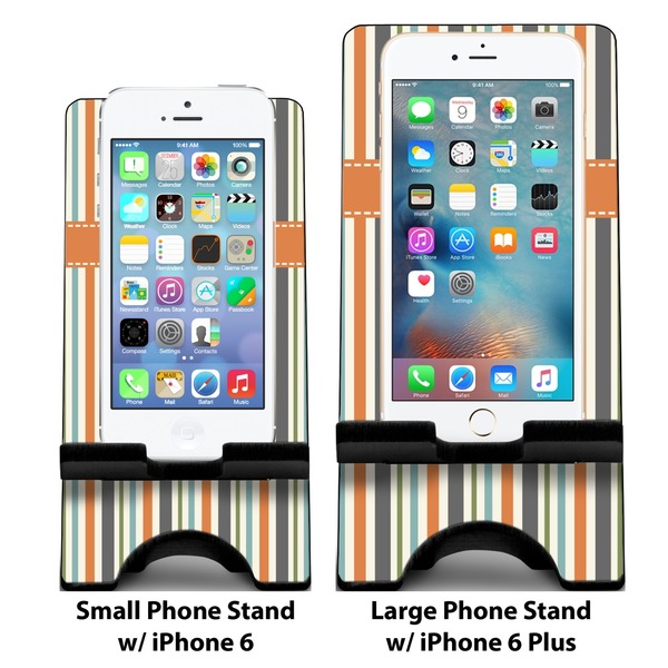 Orange & Blue Stripes Compare Phone Stand Sizes - with iPhones