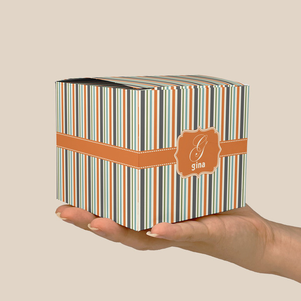 Orange & Blue Stripes Cube Favor Gift Box - On Hand - Scale View