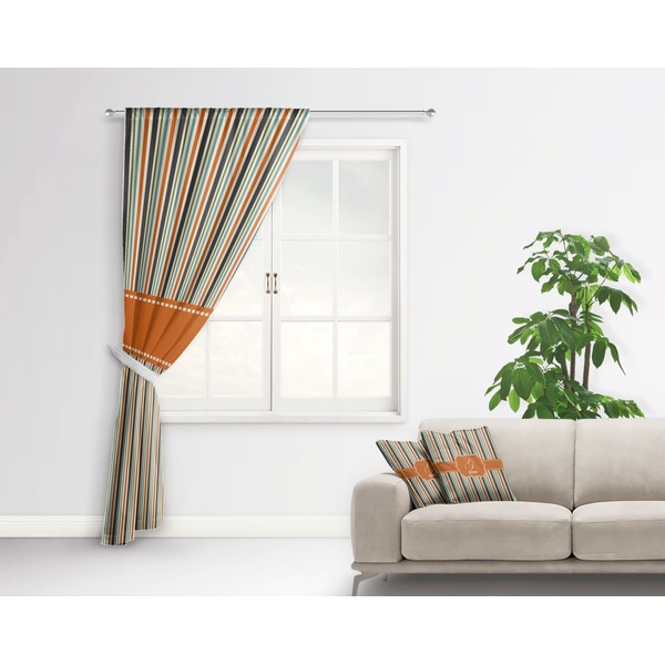Orange & Blue Stripes Curtain With Window and Rod - in Room Matching Pillow