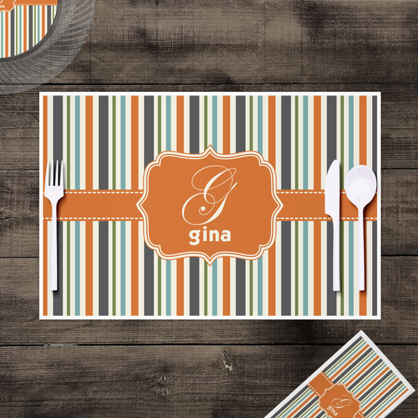 Orange & Blue Stripes Disposable Paper Placemat - In Context