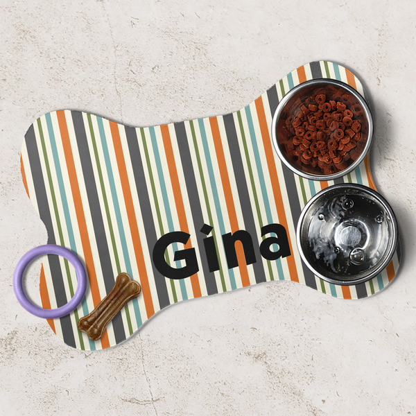 Orange & Blue Stripes Dog Bone Shaped Mat Lifestyle