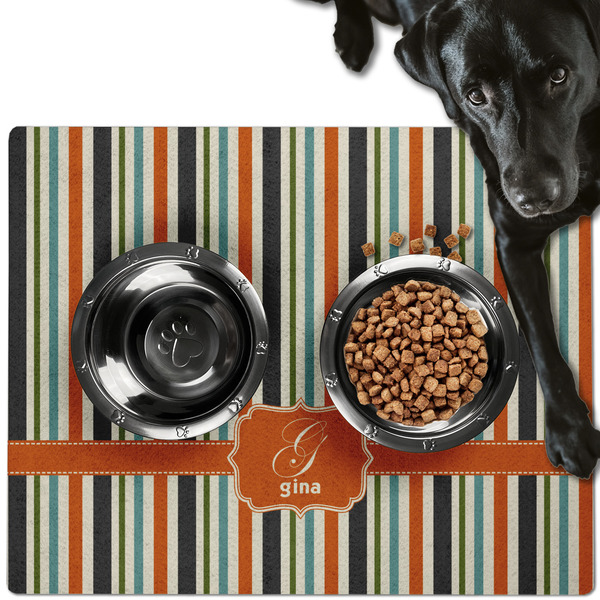 Custom Orange & Blue Stripes Dog Food Mat - Large w/ Name and Initial