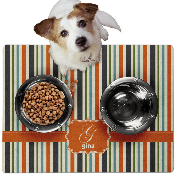 Custom Orange & Blue Stripes Dog Food Mat - Medium w/ Name and Initial